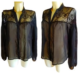 CHARLOTTE RUSSE Black Sheer Button Down Shirt with Lacey Shoulder